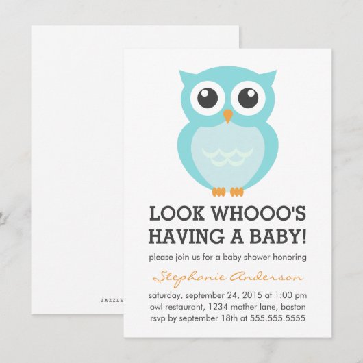 Cute Blue Owl Boy Baby Shower Invitations Kaart (Voorkant / Achterkant)