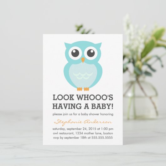 Cute Blue Owl Boy Baby Shower Invitations Kaart (Staand voorkant)