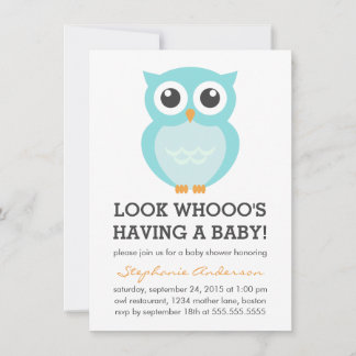 Cute Blue Owl Boy Baby Shower Invitations Kaart