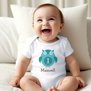 Cute Blue Owl Boy Name First Birthday Party Romper