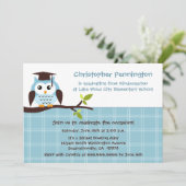 Cute blue owl elementair jongetje's graduatie part kaart (Staand voorkant)