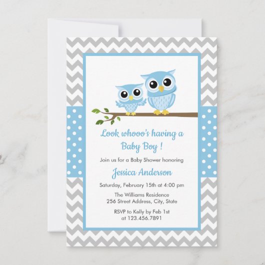 Cute Blue Owl Gray Chevron Boy Baby shower Kaart (Voorkant)