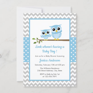 Cute Blue Owl Gray Chevron Boy Baby shower Kaart