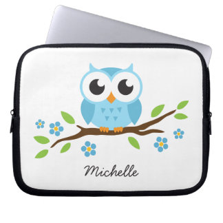Cute blue owl op gepersonaliseerde naam van de blo laptop sleeve