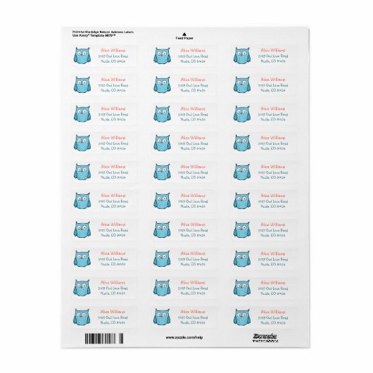 Cute Blue Owl Return Address Labels (Full Sheet)