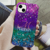 Cute blue paars ombre glitter monogram Case-Mate iPhone case