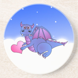 Cute Blue Paarse dragon vliegt in wolken met hart Zandsteen Onderzetter