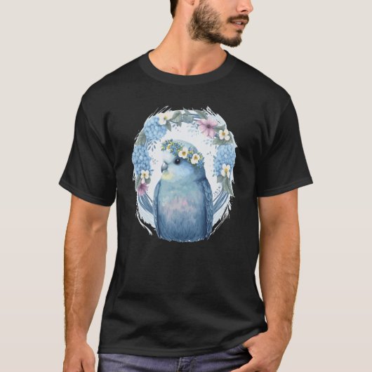 Cute Blue Parakeet Budgie Bird Flower Crown Pet Bi T-shirt (Voorkant)