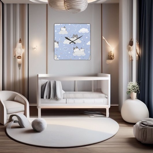 Cute Blue Pattern Kitten Cloud Vierkante Klok