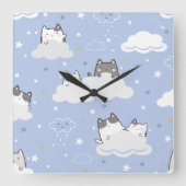 Cute Blue Pattern Kitten Cloud Vierkante Klok (Voorkant)