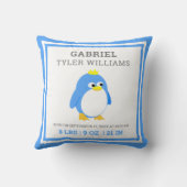 Cute Blue Penguin Baby Boy Birth Stats Kussen (Achterkant)