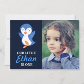 Cute Blue Penguin Baby Boy First Birthday Party Kaart (Voorkant)