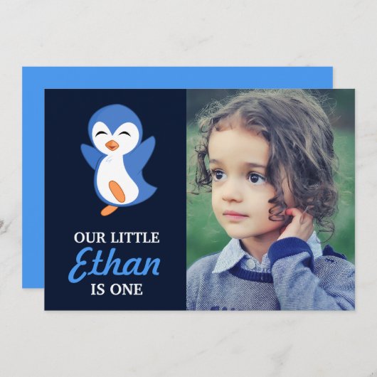 Cute Blue Penguin Baby Boy First Birthday Party Kaart (Voorkant / Achterkant)