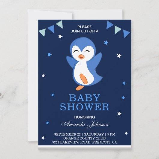 Cute Blue Penguin Baby shower Invitation Kaart (Voorkant)