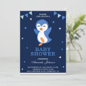 Cute Blue Penguin Baby shower Invitation Kaart (Staand voorkant)