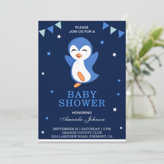 Cute Blue Penguin Baby shower Invitation Kaart (Staand voorkant)