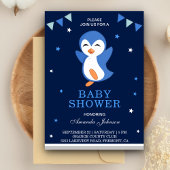 Cute Blue Penguin Baby shower Invitation Kaart