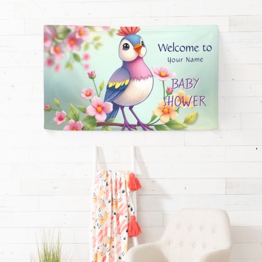 Cute Blue Pink Bird Floral Baby Shower Banner (Insitu)