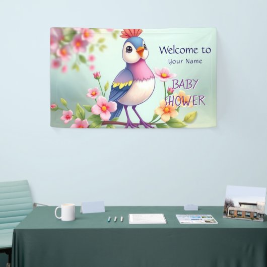 Cute Blue Pink Bird Floral Baby Shower Banner (Beurs)