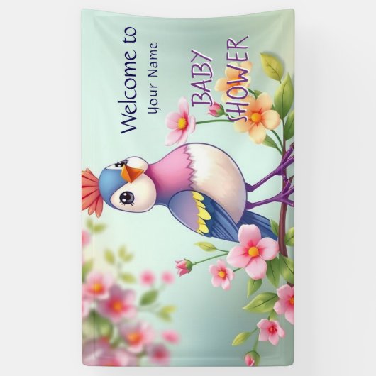 Cute Blue Pink Bird Floral Baby Shower Banner (Verticaal)