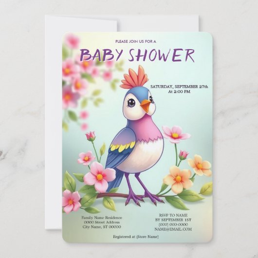 Cute Blue Pink Bird Floral Baby Shower Invitation Kaart (Voorkant)
