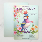 Cute Blue Pink Bird Floral Baby Shower Invitation Kaart (Voorkant / Achterkant)