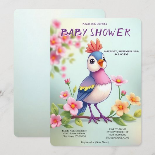 Cute Blue Pink Bird Floral Baby Shower Invitation Kaart (Voorkant / Achterkant)