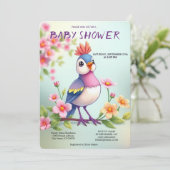 Cute Blue Pink Bird Floral Baby Shower Invitation Kaart (Staand voorkant)
