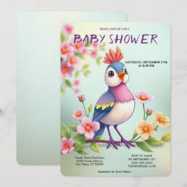 Cute Blue Pink Bird Floral Baby Shower Invitation Kaart