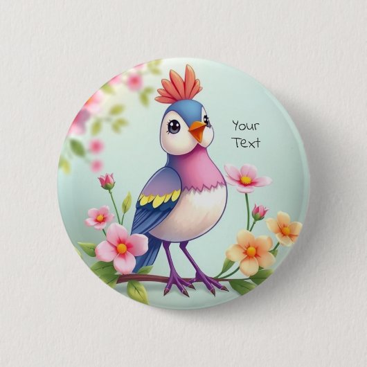 Cute Blue Pink Bird Floral Button (Voorkant)