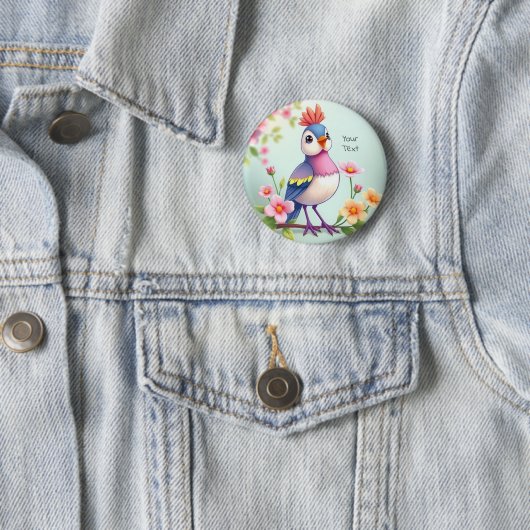 Cute Blue Pink Bird Floral Button (In situ)