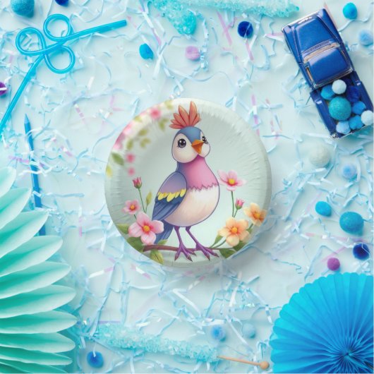 Cute Blue Pink Bird Floral Paper Bowl Papieren Kommen (Feest)