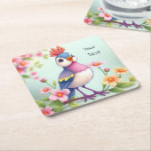 Cute Blue Pink Bird Floral Paper Coaster Kartonnen Onderzetters (Schuin)