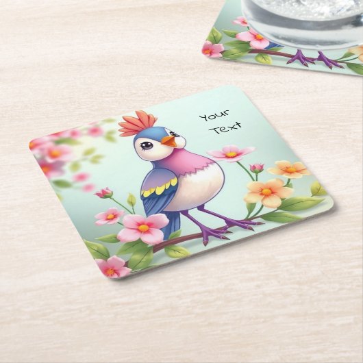 Cute Blue Pink Bird Floral Paper Coaster Kartonnen Onderzetters (Schuin)