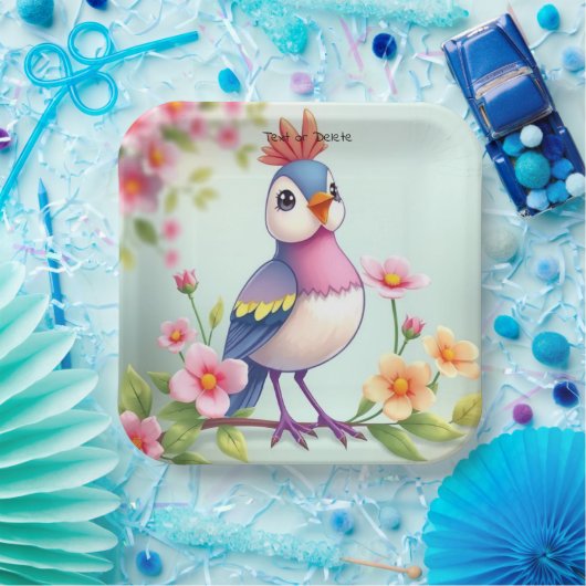Cute Blue Pink Bird Floral Paper Plate Papieren Bordje (Feest)