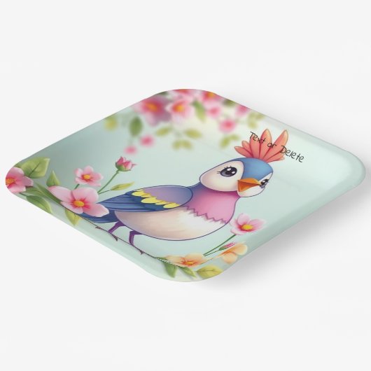 Cute Blue Pink Bird Floral Paper Plate Papieren Bordje (Gebogen)