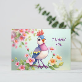 Cute Blue Pink Bird Floral Thank You Card Bedankkaart