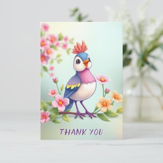 Cute Blue Pink Bird Floral Thank You Card Bedankkaart (Staand voorkant)