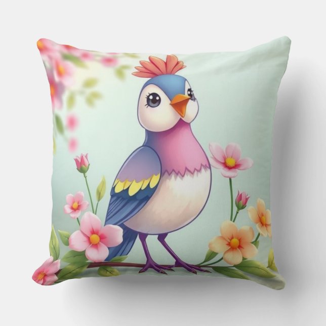 Cute Blue Pink Bird Floral Throw Pillow Kussen (Voorkant)