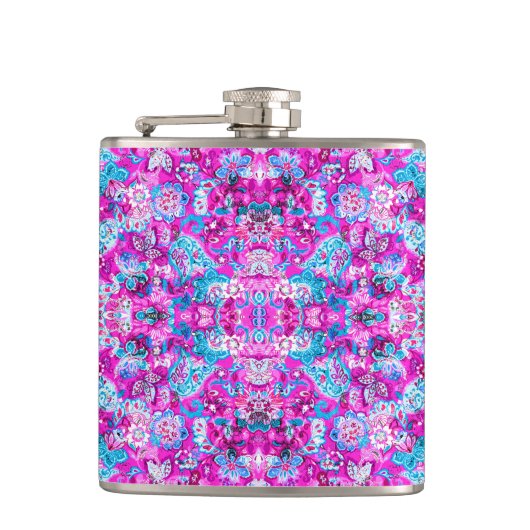 Cute blue pink flowers patterns heupfles (Voorkant)