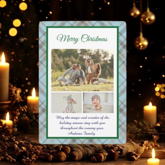 Cute Blue Plaid Portrait Photo Christmas  Feestdagenkaart