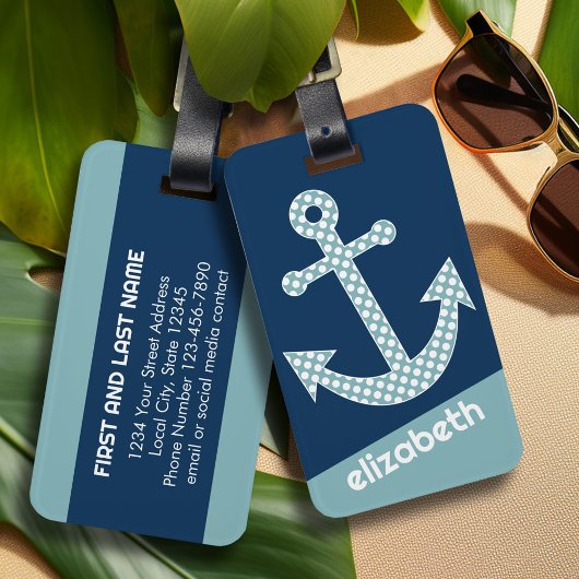 Cute Blue Polka Dot Anchor met Navy Custom Name Bagagelabel