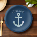 Cute Blue Polka Dot Anchor met Navy Custom Name Papieren Bordje<br><div class="desc">Een trendy en elegant ontwerp met stippen en preppy kleuren plus een gebied om jouw naam of monogram toe te voegen.</div>