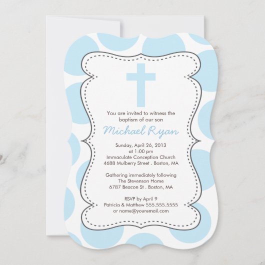 Cute Blue Polka Dots Cross Baptisme Invitation Kaart (Voorkant)