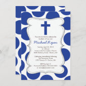 Cute Blue Polka Dots Cross Baptisme Invitation Kaart (Voorkant / Achterkant)