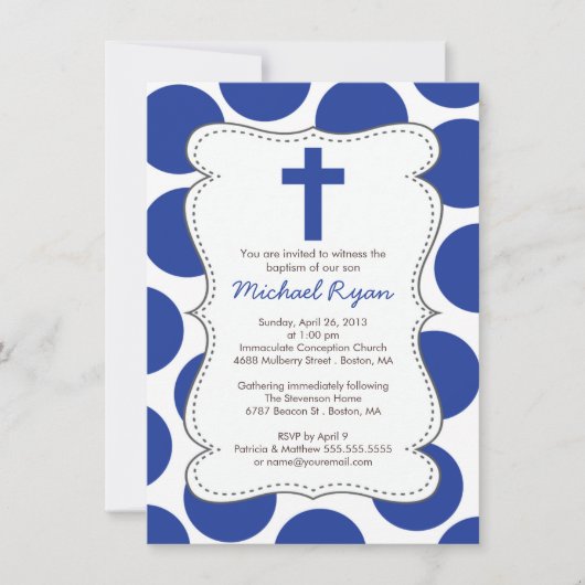 Cute Blue Polka Dots Cross Baptisme Invitation Kaart (Voorkant)