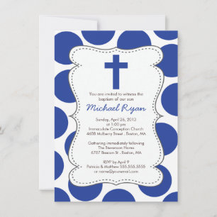Cute Blue Polka Dots Cross Baptisme Invitation Kaart