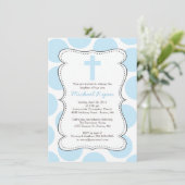 Cute Blue Polka Dots Cross Baptisme Invitation Kaart (Staand voorkant)