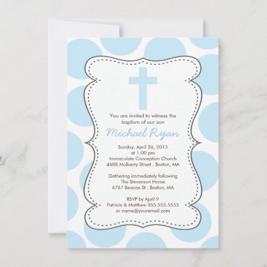 Cute Blue Polka Dots Cross Baptisme Invitation Kaart (Voorkant)