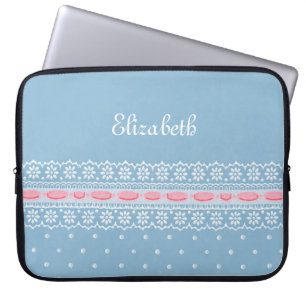 Cute Blue Polka Dots Girly Pink Lace met naam Laptop Sleeve